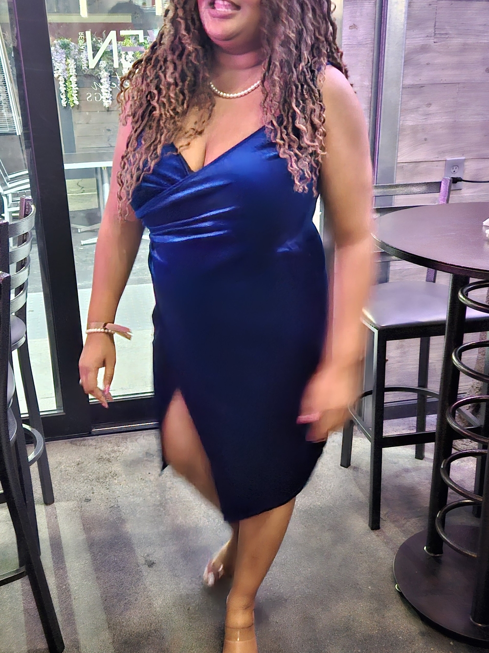 love J Midnight Blue Satin V-Neck Midi Dress